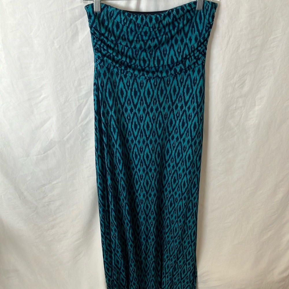 Banana Republic: Teal & Black Geometric Maxi Strapless Dress- S